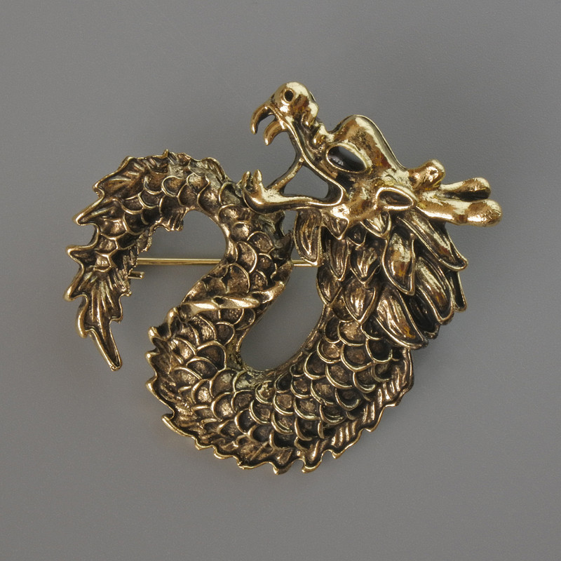 Brosche-Anhänger Drachen aus goldfarbenem Metall, 42×42 mm