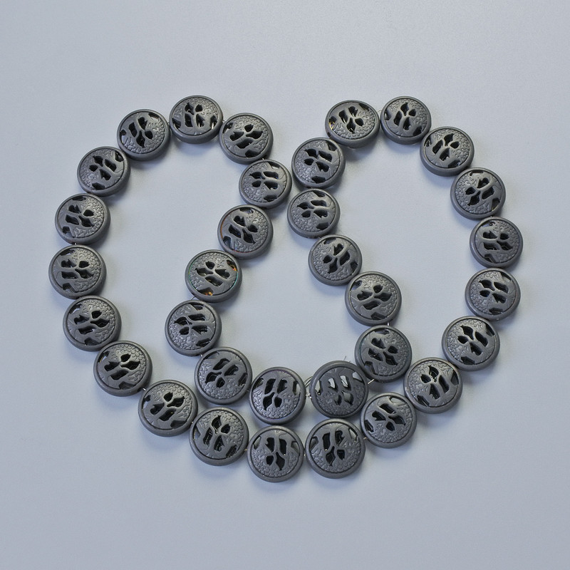 Hämatit-Perlen, mattschwarz, Durchmesser 12×4,5 mm, Länge ca. 41 cm, auf Schnur