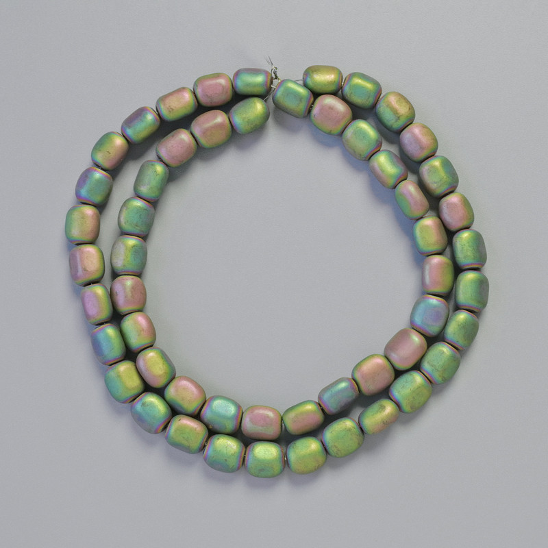 Hämatit-Perlen, oval, matt, regenbogenfarbig, Durchmesser ca. 7 × 7 mm, Länge ca. 40 cm – Strang