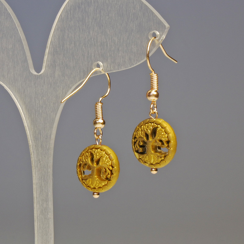 Ohrringe Hämatit – Baum, goldfarben, Durchmesser 12×4 mm ±, Länge 3,2 cm