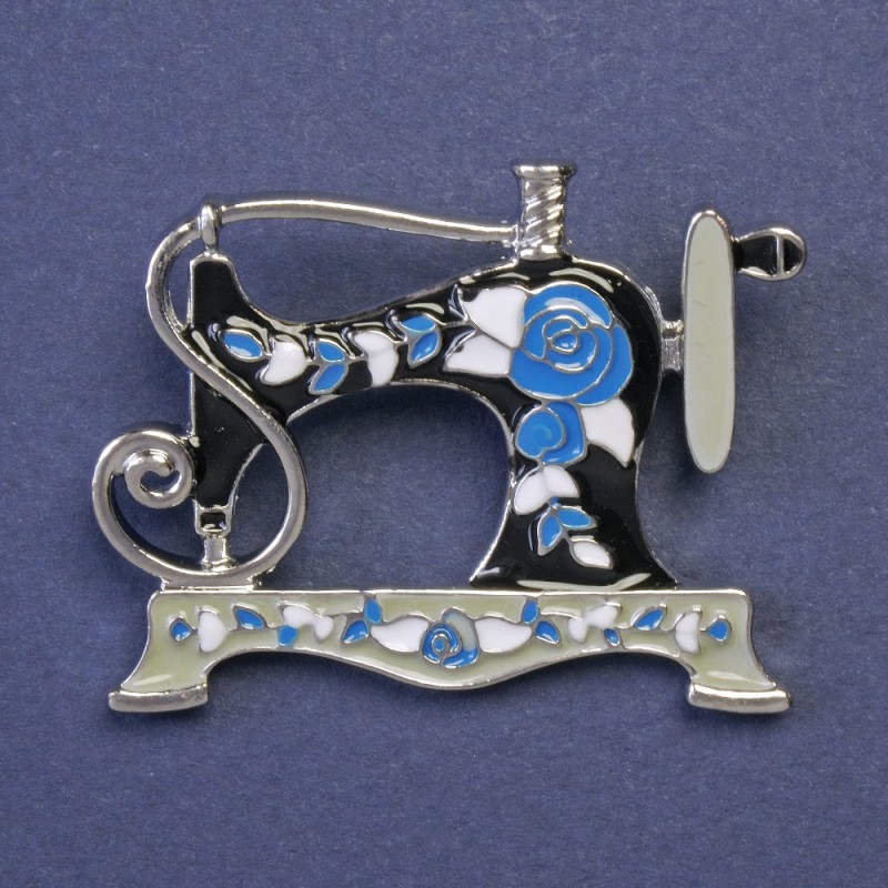 Brosche Nähmaschine, Emaille, Metallfarbe Silber, 30x38 mm+
