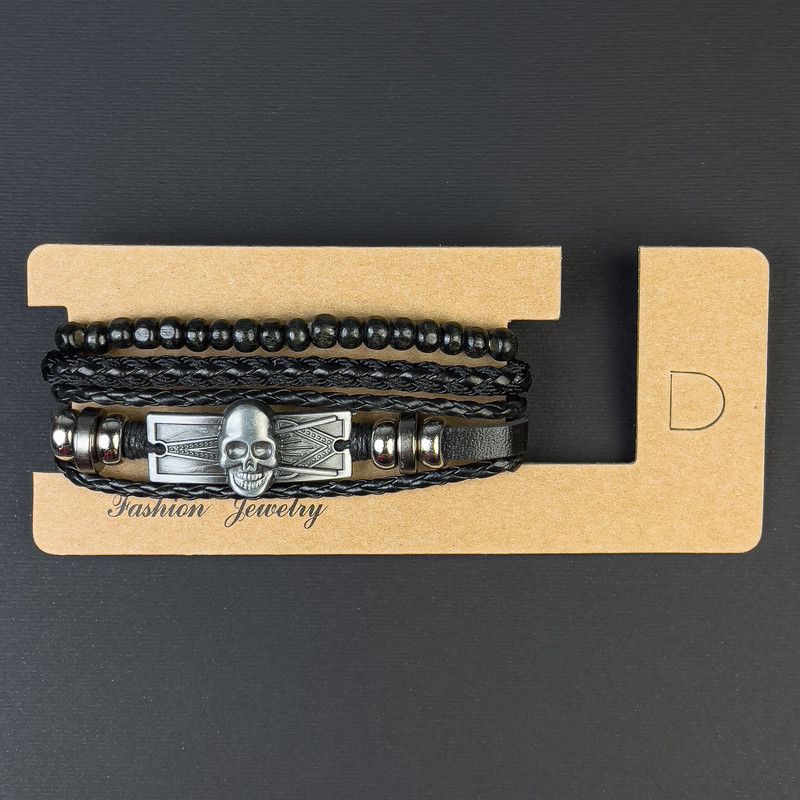 Dreifacharmband aus Öko-Leder mit Schädel-Einlage, Länge 18–24 cm, Schwarz