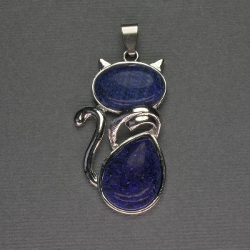 Anhänger 'Katze' aus Lapislazuli, 25×51 mm ± silberfarbenes Metall