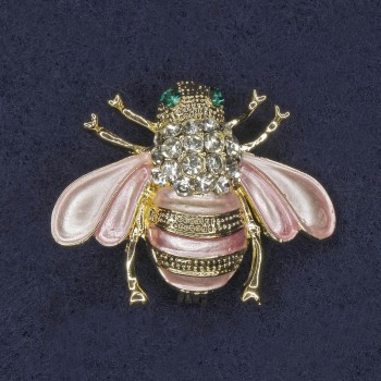 Brosche Biene rosa Emaille, weiße und grüne Strasssteine, goldfarbenes Metall 25×30 mm+