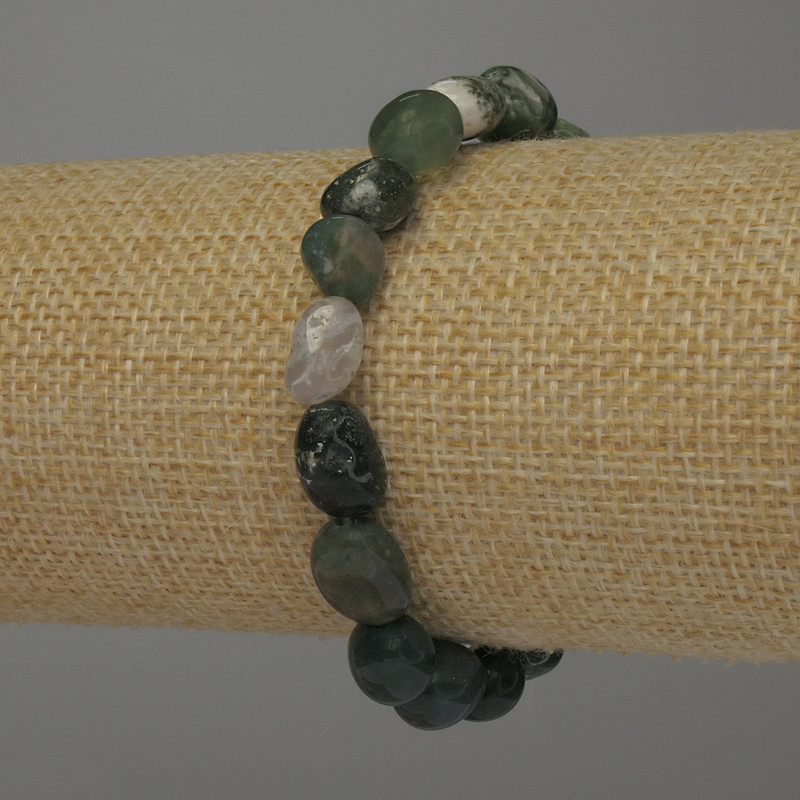 Armband aus Moosachat, getrommelte Perlen, Durchmesser 10×7–8 mm ±, Länge 18 cm ± Stretch-Armband