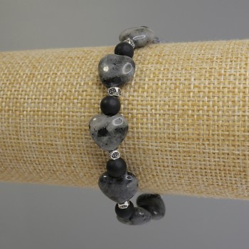 Armband aus Labradorit mit Herz, Ø ca. 12 mm – Shungit-Kügelchen Ø ca. 6 mm – mit Metall-Einlagen, Länge ca. 18 cm, elastisch