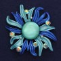 Brosche Blume, Durchmesser ca. 63 mm, blau-hellblaue Emaille, Strasssteine, mit Magnetverschluss