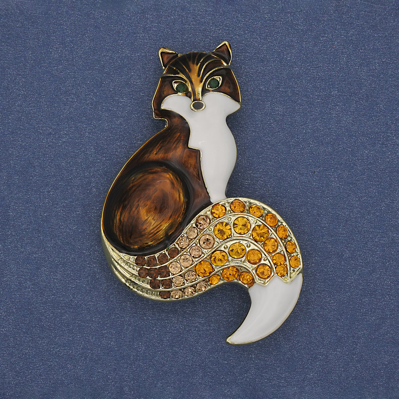 Brosche / Anhänger Fuchs, Emaille mit Strasssteinen, 54×35 mm