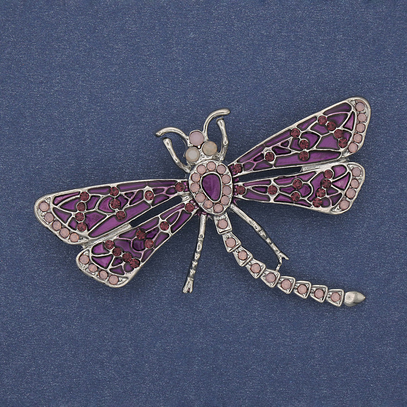 Brosche Libelle violette Emaille rosa Strasssteine silberfarbenes Metall 57 × 39 mm+