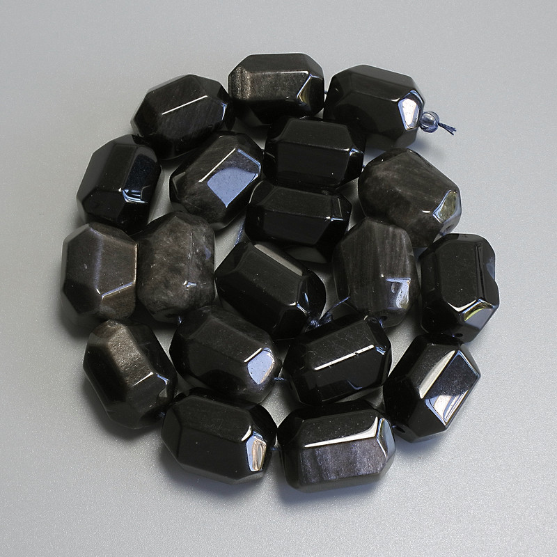 Silber-Obsidian-Perlen, facettiert, Durchmesser 20×14 mm, auf Schnur, Länge ca. 38 cm+