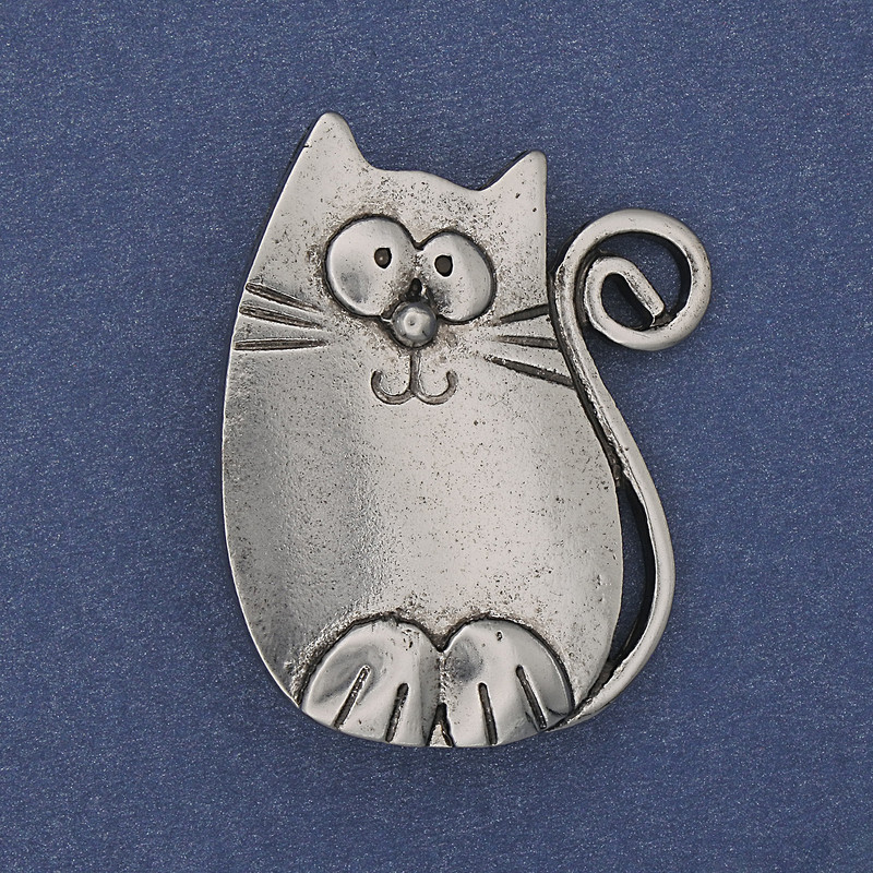 Brosche-Anhänger Katze, silbernes Metall, 37 × 29 mm+