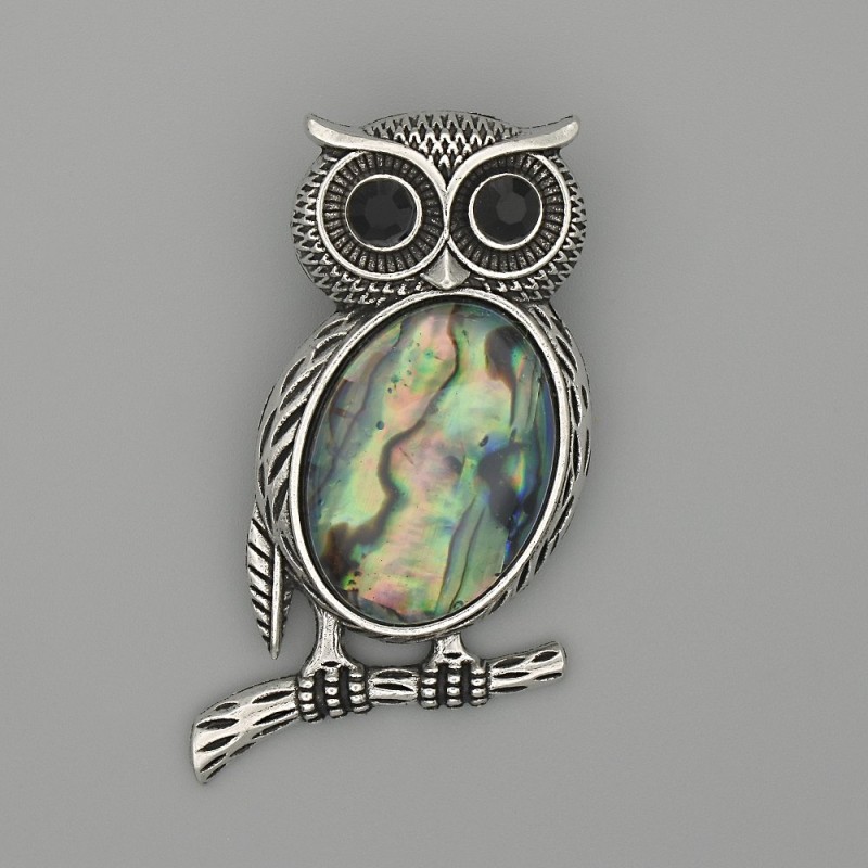 Brosche-Anhänger 'Eule' mit Haliotis, 45×25 mm ±, silberfarbenes Metall, schwarze Strasssteine