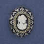 Brosche Kamee Dame mit Strasssteinen, silberfarbenes Metall, 32×25 mm +