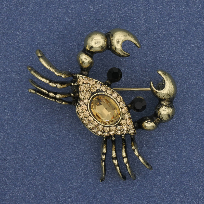 Brosche Krabbe mit Strasssteinen, goldfarbenes Metall 43×35 mm+