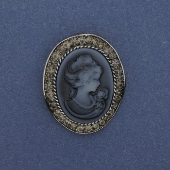 Kamee-Brosche „Dame“ mit Strasssteinen, silberfarbenes Metall 43 × 38 mm +