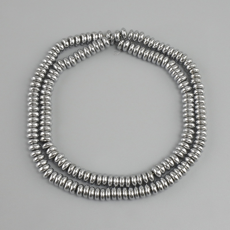 Hämatit-Rondell-Perlen, Durchmesser 5×2 mm ±, Farbe Silber, Länge 40 cm+