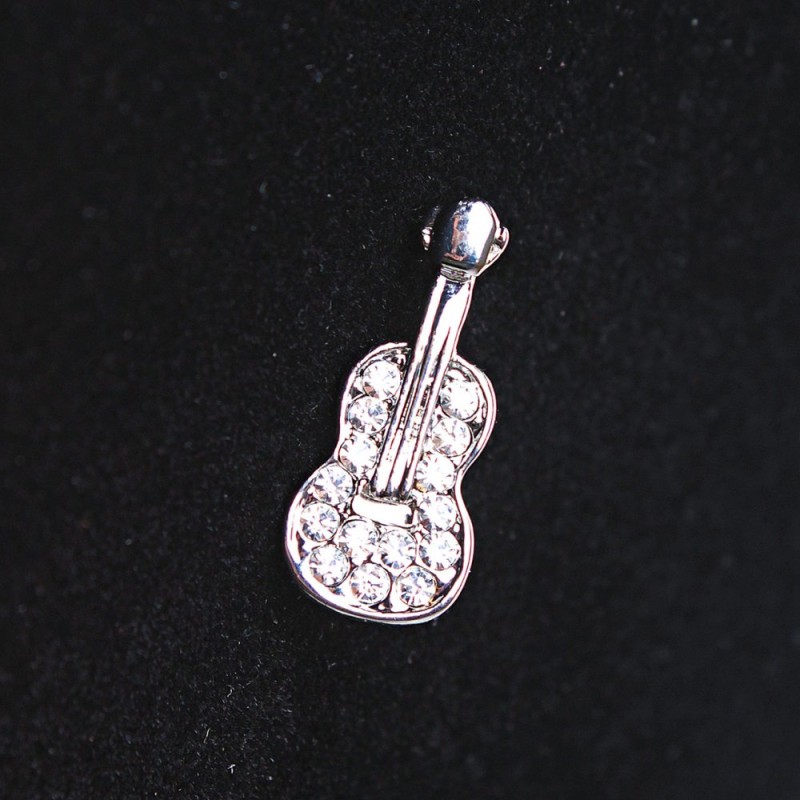 Brosche Gitarre, klein, Silbermetall mit Strasssteinen, 2,5 cm