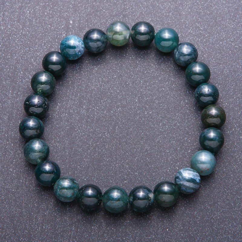 Moosachat-Armband, glatte Perlen, Durchmesser 8 mm, auf elastischer Schnur