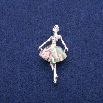 Brosche Ballerina mit Perlmutt aus Haliotis und Strasssteinen 23 x 44 mm, silberfarbenes Metall
