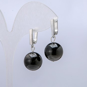 Ohrringe aus silbernem Obsidian, Durchmesser ca. 14 mm, Länge ca. 32 mm