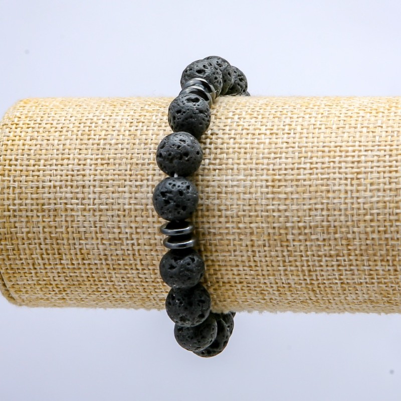Lavastein-Armband auf Elastikband, Perlen-Durchmesser ca. 10 mm, mit dunklen Einsätzen