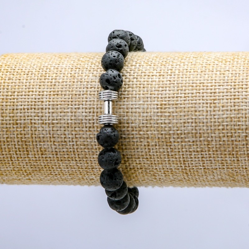 Elastisches Lavastein-Armband, Durchmesser ca. 8 mm, mit Mini-Hantel