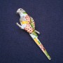 Brosche Papagei mit Tupfen, Emaille und Strass – Farben weiß, blau, grün und rosa, 90 × 25 mm, silberfarbenes Metall