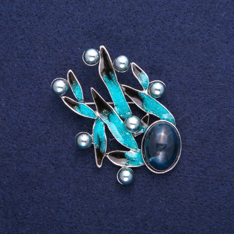 Brosche Blätter mit Perle, blaue Emaille