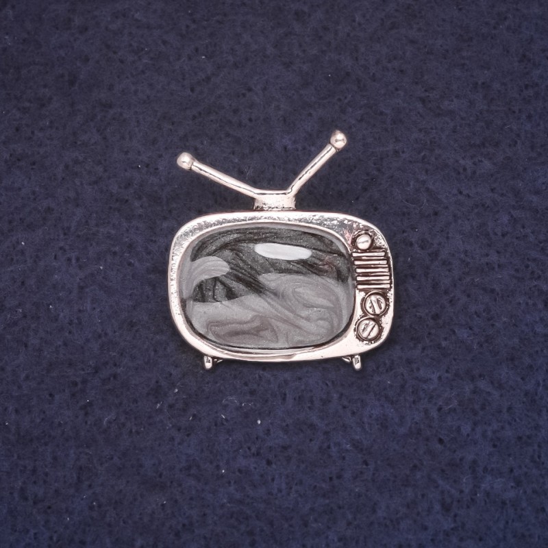 Brosche „Fernseher“ 25×28 mm, Emaille schwarz, silberfarbenes Metall