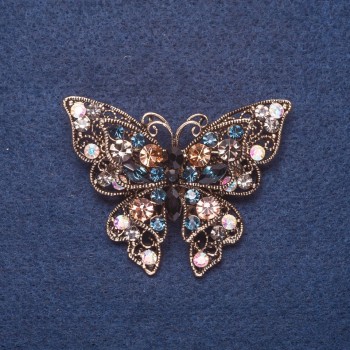 Brosche 'Schmetterling' in bunten großen Strasssteinen, Metallfarbe Gold, 4×5 cm