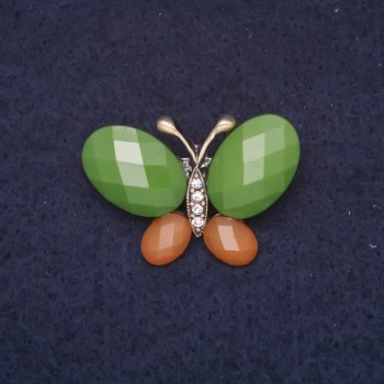 Brosche Schmetterling 31×21 mm – Strasssteine in Grün und Braun auf goldfarbenem Metall
