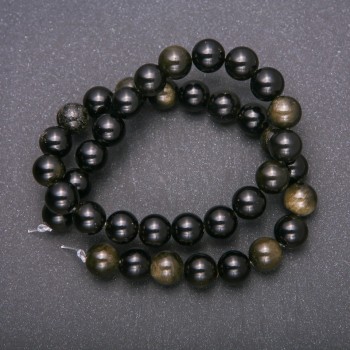 Naturstein-Perlen auf einer Schnur – Sonnen-Obsidian, glatte Kugeln, Durchmesser 10 mm, Länge 38 cm