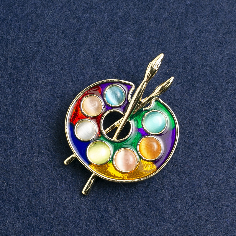 Brosche „Palette“, bunte Emaille, goldfarbenes Metall 46 × 34 mm
