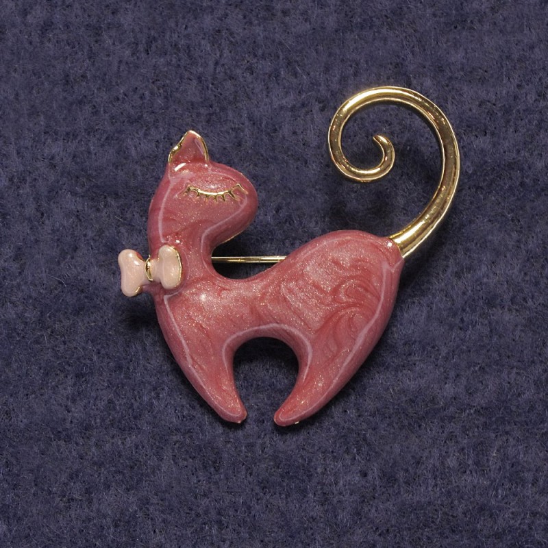 Brosche Katze rosa Perlmutt, goldfarbenes Metall 37×38 mm